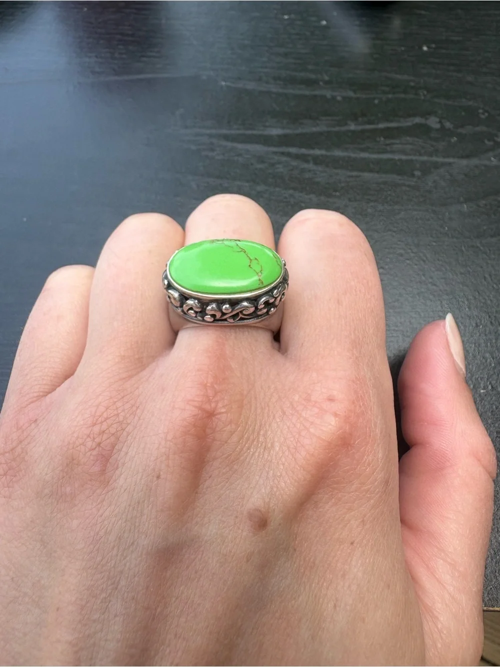 Vintage Bohemian Green Turquoise  Sterling Silver Statement Ring - Size 7.75